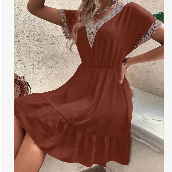 Boho Sheer Mesh Crochet Lace Flounce Sleeve Ruffle Dress - Picture 4 of 15